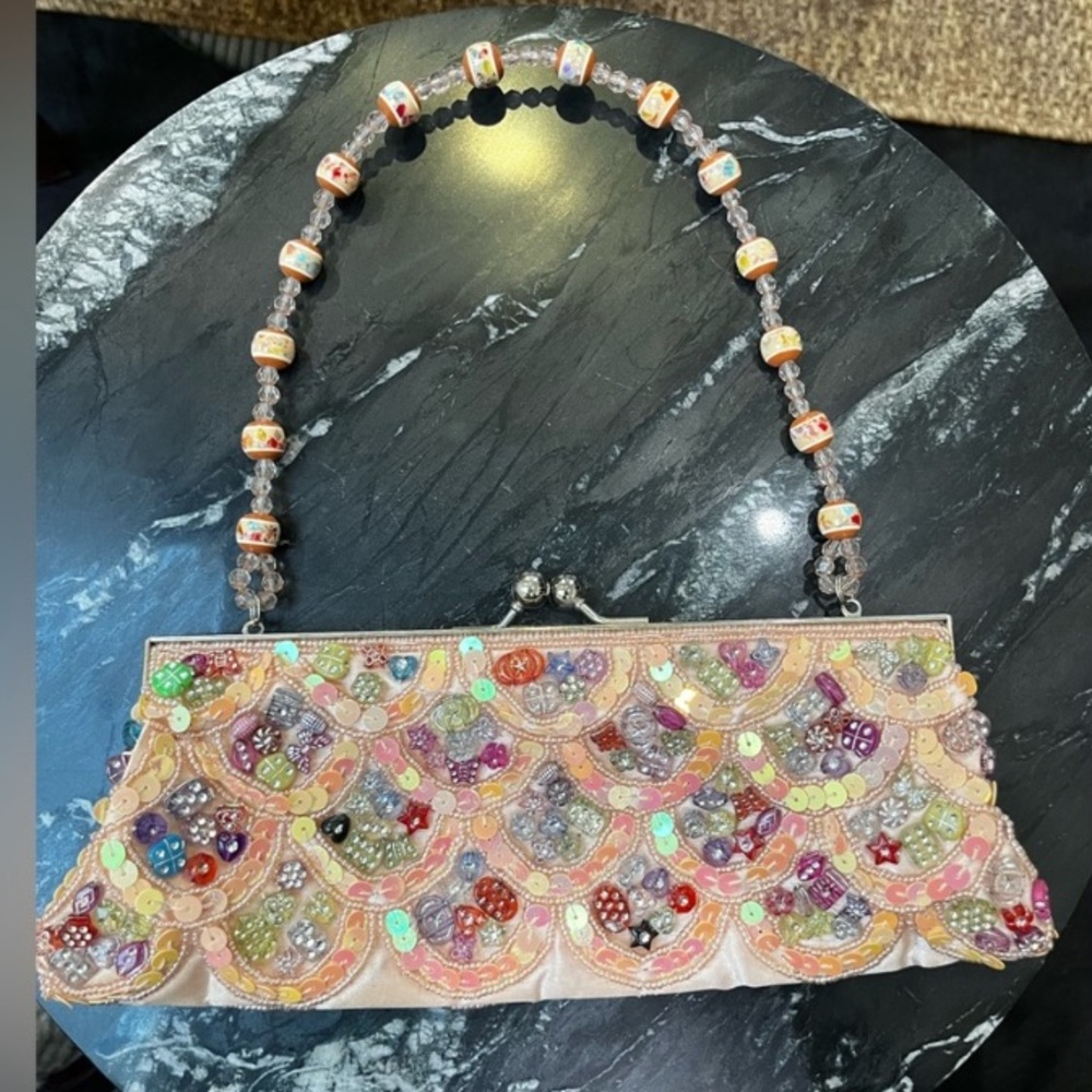 Vintage Pastel pink sequins beaded tote bag